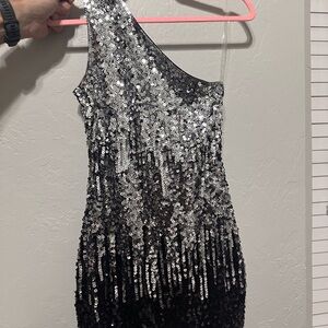 Black and Silver Asymmetrical Sequin Cocktail Dress